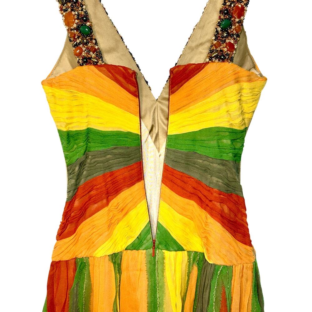 Beaded V-Neck Striped Midi Dress in Orange, Yellow & Green - Picture 10 of 15